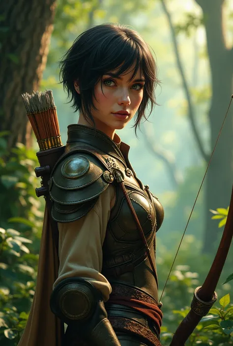 1girl, human, beautiful, short dark hair, green eyes, detailed face, archer in the forest, leather armor. Light armor. Detailed armor, fantasy forest. Trees, greenery, scenery.