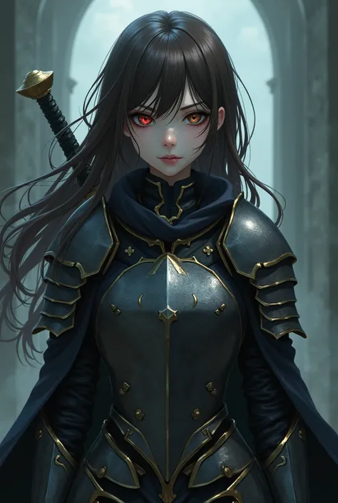 Medieval mature anime style,  a serious ghost girl with brown hair and an eye with a red pupil,  the sclera completely black and the other normal brown eye , Your outfit is armor and has a sword with a helmet .