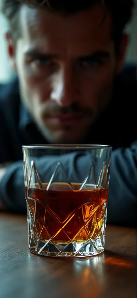 Close-up of a glass of liquor with a man looking at it