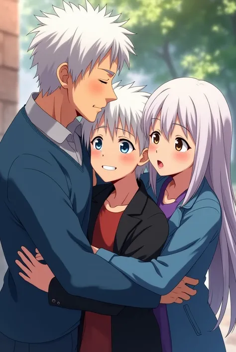  anime style .  An 18-year-old boy wore a black overcoat , He had white hair ,  he had some tears on his face ,  but had a relieved smile on his face .  They had her eyes closed .

 The boy being hugged Taken by their parents on each side.  The father was ...