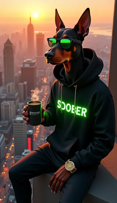  A hyperrealistic image of Dober, a Doberman with a human body, perched confidently on the edge of a towering skyscraper. He’s wearing a sleek, black hoodie with the $DOBER logo glowing in neon green. His sunglasses reflect the vibrant sunrise, bathing the...