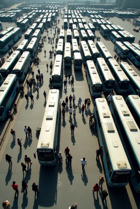  terrestrial terminal in Lima where buses are parked and can be seen from above with car exits, people taking the bus ,  neatly and organized by different areas ordered nice 