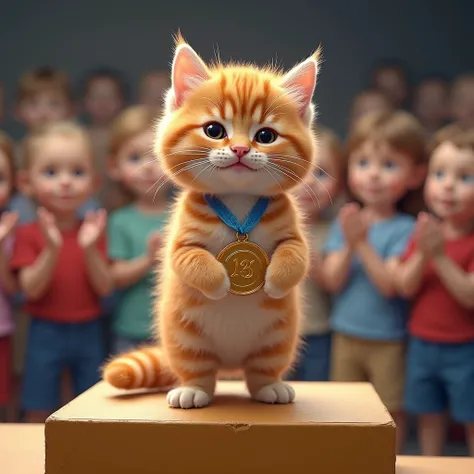  The Fluffy, chubby, cute, adorable, ginger kitten stands on the podium, with a medal around its neck, its face beaming with pride and joy, against a backdrop of applause from other competitors and the audience. 