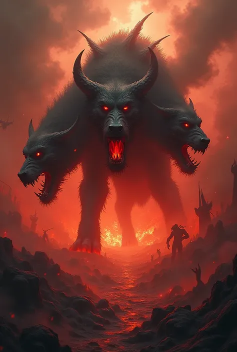 cerberus eating damned souls of sinner. dramatic scene in hell. fire, smoke, fog, flames, devils dancing in background