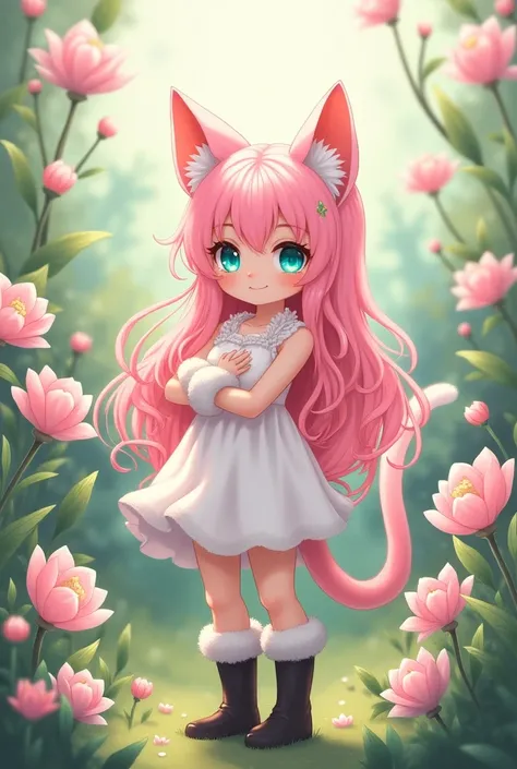 1girl, solo, small breasts, pink cat, long hair, earrings, fluffy wrists, gloves, full body, flower garden, pastel, white chest fur, fluffy fur, turquoise eyes, big ears, big tail, fluffy tail, black boots, inside white ears, cat, bangs, pink fur, chest fu...