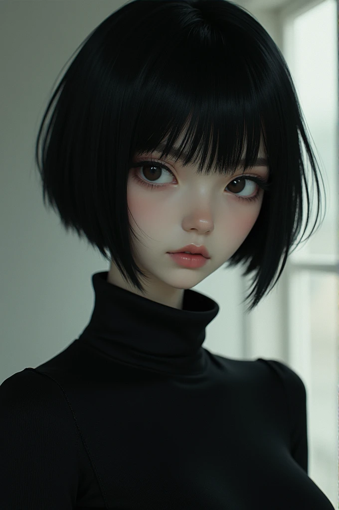  A young woman with an androgynous look and striking features in the style of JoJos Bizarre Adventure.  She has pale skin and short, straight black hair ,  with a straight cut at chin length .  Her eyes are large and expressive , with a cold and distant lo...