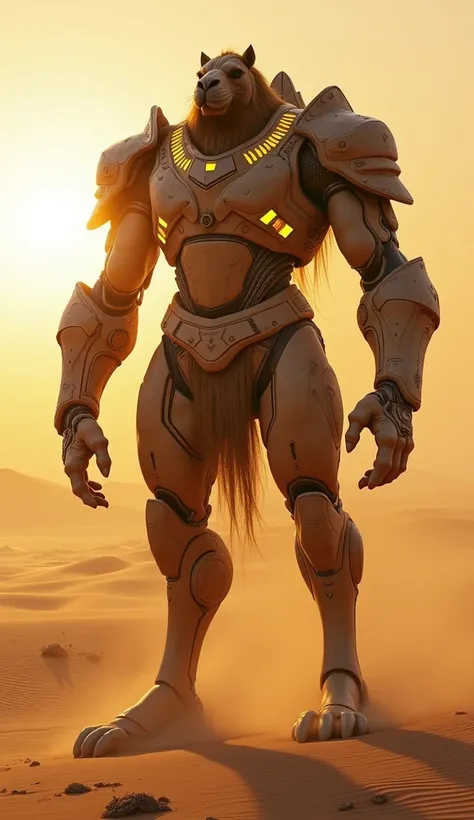 A colossal, anthropomorphic camel titan standing tall on two legs in the vast Arabian desert. The titan has a muscular, powerful build with intricate futuristic armor covering its body, glowing details on the armor, and a commanding, fierce expression. Its...