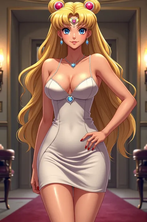 sailor moon.  She is a very attractive adult woman .  She has a curvaceous figure .  Two pigtails with blond hair and blue eyes . She is about 29 years old .  She is tall and lanky .  The woman was wearing a short and tight evening dress.  Light beige tigh...