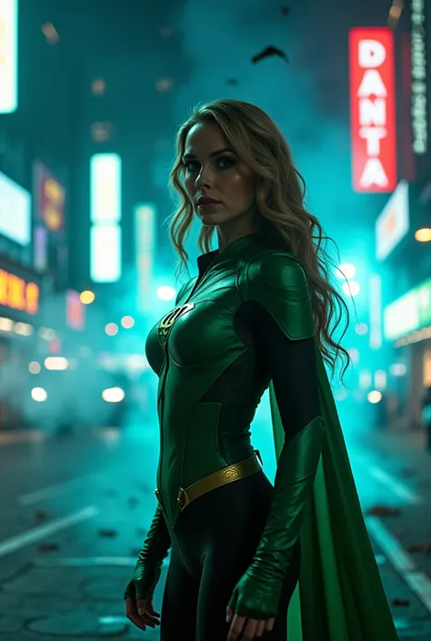 Scene from the movie, Woman dressed as Green Lantern from DC, extremely detailed, futuristic cityscape, nighttime, glowing neon lights, smoke, sparks, metal shavings, flying debris, blue energy effects, volumetric light