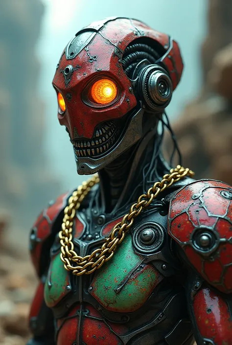 breathtaking cinematic science fiction photo of a portrait of a non human masked Grim dressed as a futuristic biker with a unique helmet with metal gold chains around his neck in red, green and blue metalskin, body full glowing metrics inside, glowing mult...