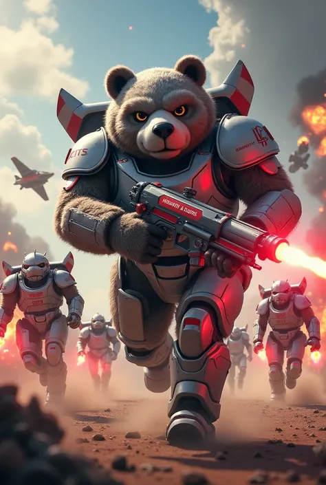 Clutch the Rocket Bear (Houston Rockets)

Prompt: "A sturdy anthropomorphic bear with gray fur ,  wearing silver armor with red details and rocket propellers on his back.  He holds a bazooka that fires energy missiles with bright red tracks .  Clutch is fl...