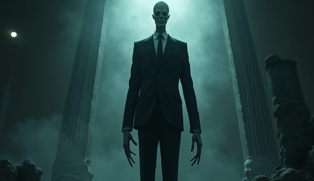 a tall, thin entity with no visible facial features, wearing a black suit and tie. His enormous height and elongated limbs give him a supernatural and unsettling appearance, cold night and macabre liquid darkness