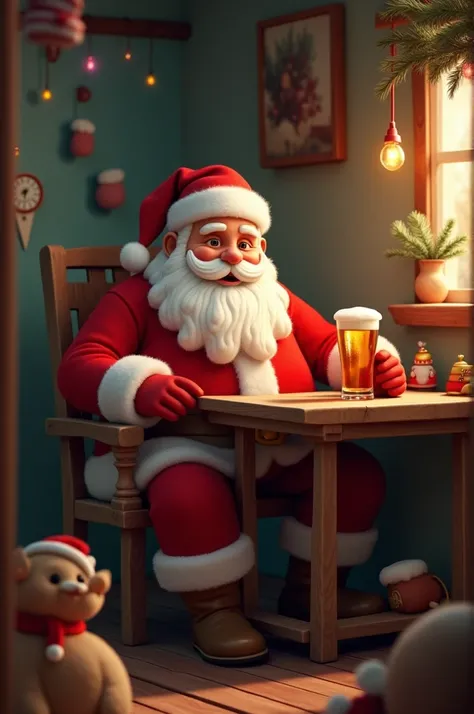 Santa Claus at a small wooden table drinking a glass of beer with a Brawma shell at the bottom of the table