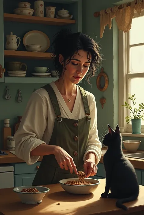 A dark-haired 45 year-old eccentric woman in a kitchen puts cat food into a bowl. Next to her is a cat