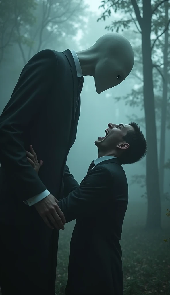 Close up of Slenderman in a dark suit wrapping his long tendrils around a terrified screaming young man in a stormy foggy forest at night, nightmare, highest definition, highest detail, highest quality 