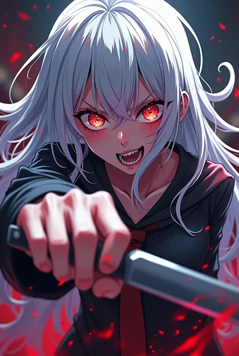 Crazy Eyes, Jealous, Illustration, POV, Long Hair, White Hair, Knife, anime*