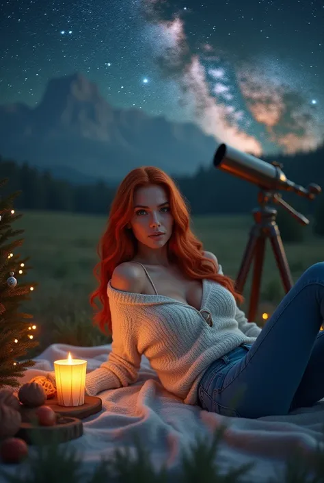 beautiful red haired model, big breasts lying on a blanket under a clear night sky filled with millions of stars. She’s in a cozy outdoor setting, wearing a snug white sweater and jeans, her red hair loose and shining under the moonlight. A telescope and a...