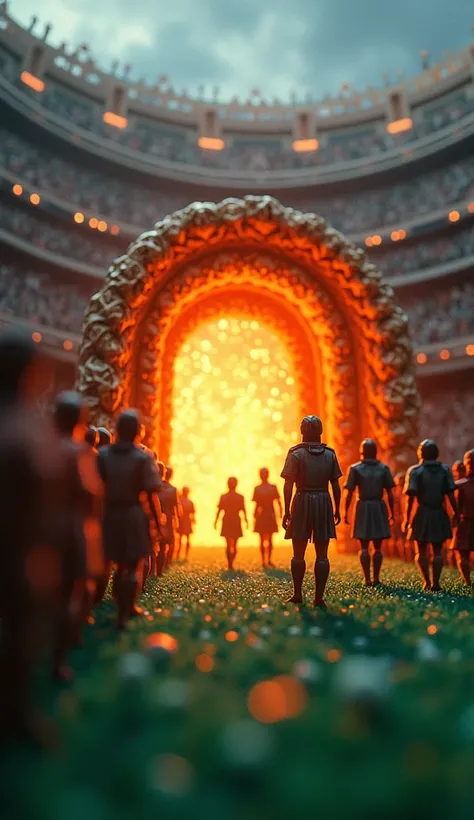 "An origami depiction of a glowing time portal with soldiers stepping out into a modern-day soccer stadium, surrounded by amazed and frightened spectators."