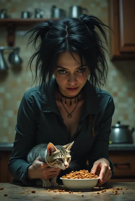 A dark-haired 48 year-old eccentric woman in a kitchen puts cat food into a bowl. Next to her is a cat