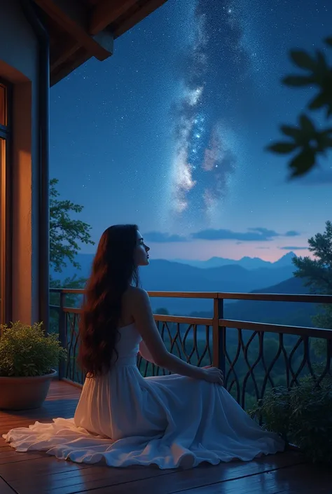 Beautiful long-haired woman sitting on the balcony porch watching Luace night stars realistic ultra HD image 