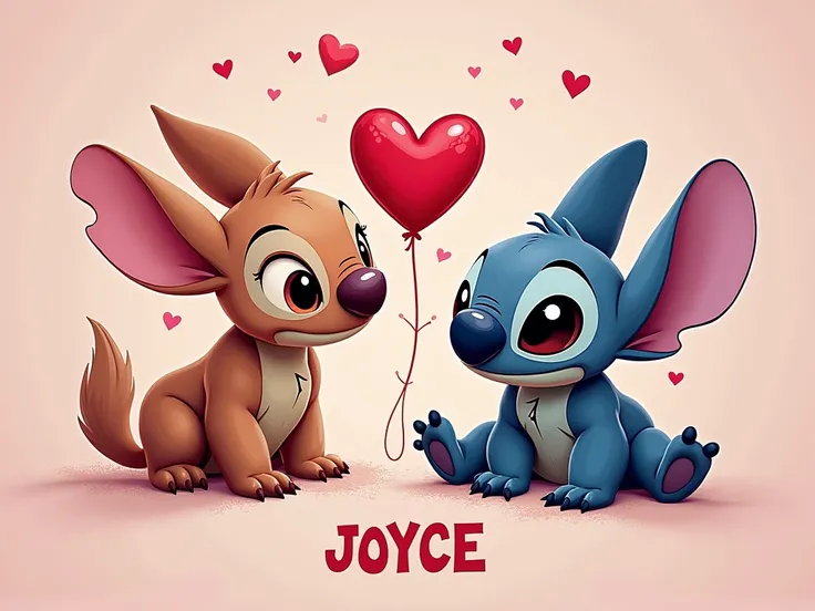 Create a poster extremely detailed with letter-by-letter writing le prénom "JOYCE" en français et en majuscules. dans un style Disney 4D. LÉCRITURE DOIT ÊTRE BIEN VISIBLE. 
Thème st Valentin et stitch