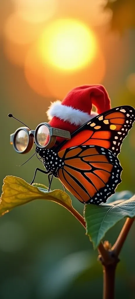 (a macroscopic photograph of a monarch butterfly wearing a Christmas hat and glasses, (the monarch butterfly wearing a Christmas hat and very large glasses), the monarch butterfly is sitting on a tree leaf, the monarch butterfly is looking at the sunrise, ...