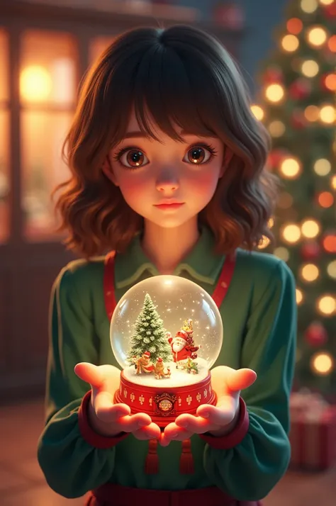  Create an image for a GACHA mini movie of one with brown eyes and hair and a blouse in shades of green and red, with the background something Christmas ,  and in her hands she holds a Christmas globe .