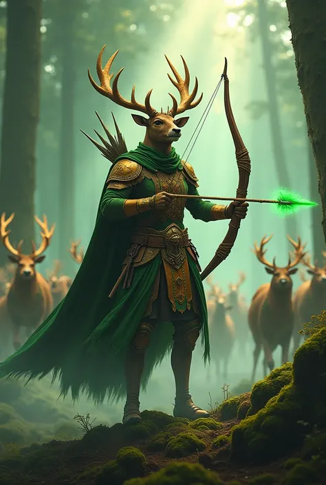 Bango the Buck (Milwaukee Bucks)

Prompt: " An anthropomorphic deer with enormous horns shining in gold , dressed in green and gold leather armor .  He carries an enchanted wooden longbow that shoots luminous green arrows.  Bango is on top of a forest-cove...