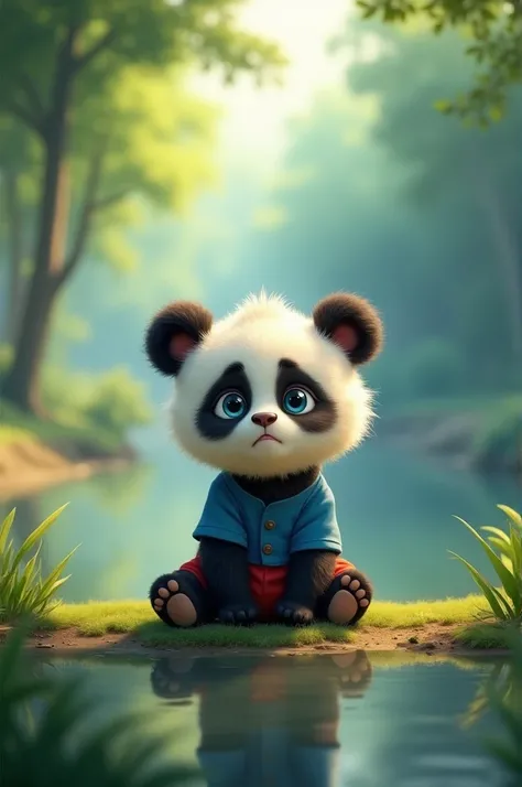 cute baby panda with a large fluffy mane, big blue eyes, wearing a blue shirt and red shorts, sitting alone by a river, looking thoughtful and sad as he wonders how he could make a friend. The river is calm, with soft sunlight filtering through the trees a...