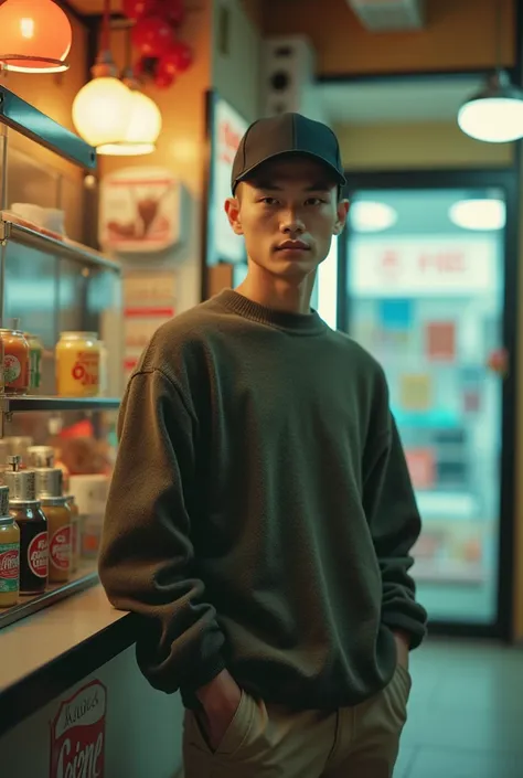 (masterpiece, best quality), photo of young teenager in Convenience Store, Chinese, handsome, cute, 20 years old, bald hair wearing baseball cap, sweater, pants, film grain, analog photography aesthetic, cinematic film, hd 8k, warm lighting, great composit...