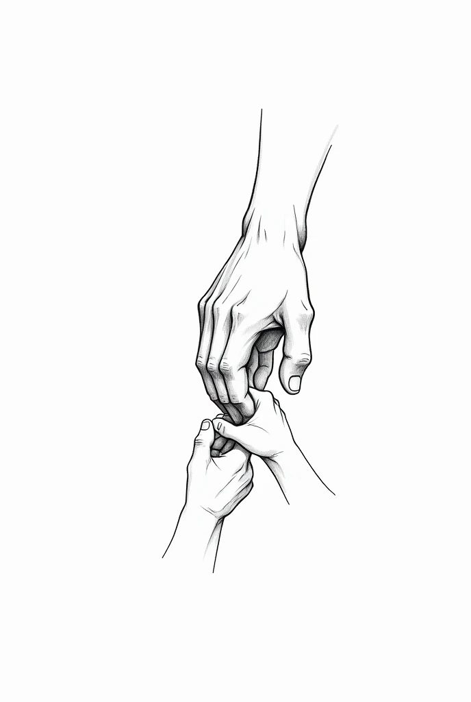  Create an image with an adult male hand in the center of the image and just below the image place a small s hand holding one of your fingers and on the other side place another hand holding another finger , white background and draw this doodle drawing , ...