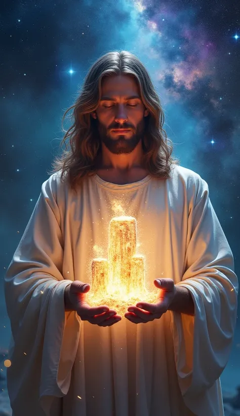  Create a detailed and majestic image of Jesus holding the Pillars of Creation in Your Hands .  Jesus must be represented as a divine and serene figure ,  with a calm and powerful expression ,  wearing a fluid cloak illuminated by a soft golden light . the...