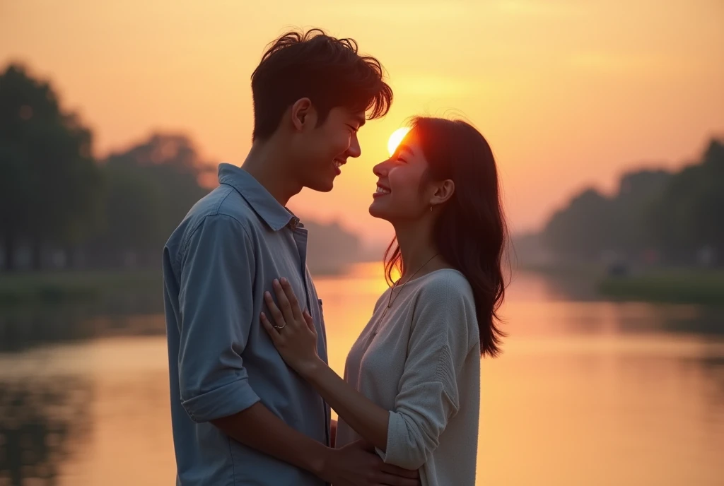 A realistic photo of a young Japanese couple in love, standing close together on a scenic riverside at sunset. They are smiling warmly at each other, their eyes filled with affection. The man gently holds the woman’s hand, and she leans slightly toward him...