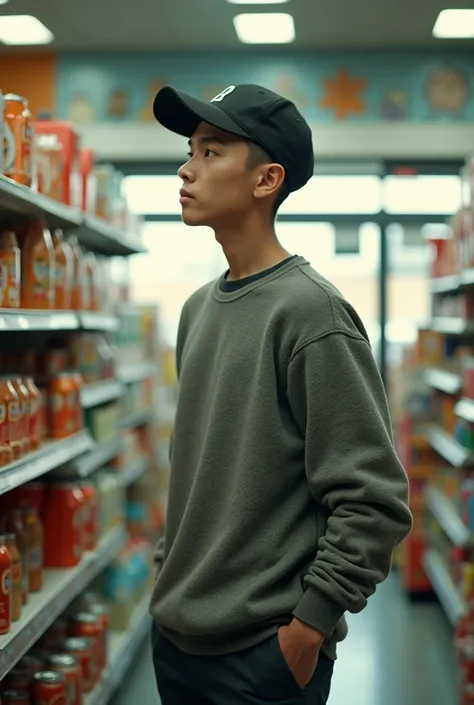 (masterpiece, best quality), photo of young teenager in Convenience Store, Indonesian, handsome, cute, 20 years old, bald hair wearing baseball cap, sweater, pants, film grain, analog photography aesthetic, cinematic film, hd 8k, warm lighting, great compo...