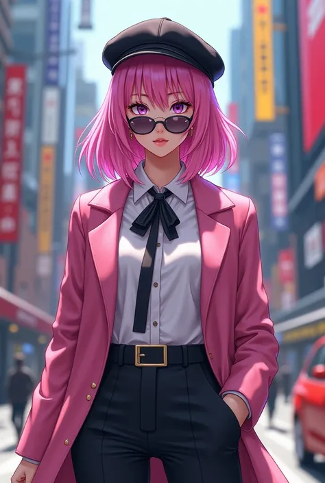 4K, realistic, high detailed,  super detailed eyes , fashionable clothes, pink overcoat , French beret,   black pants with belt ,  long hair, in the city,  pink hair, purple eyes, yae miko,  wearing modern sunglasses,