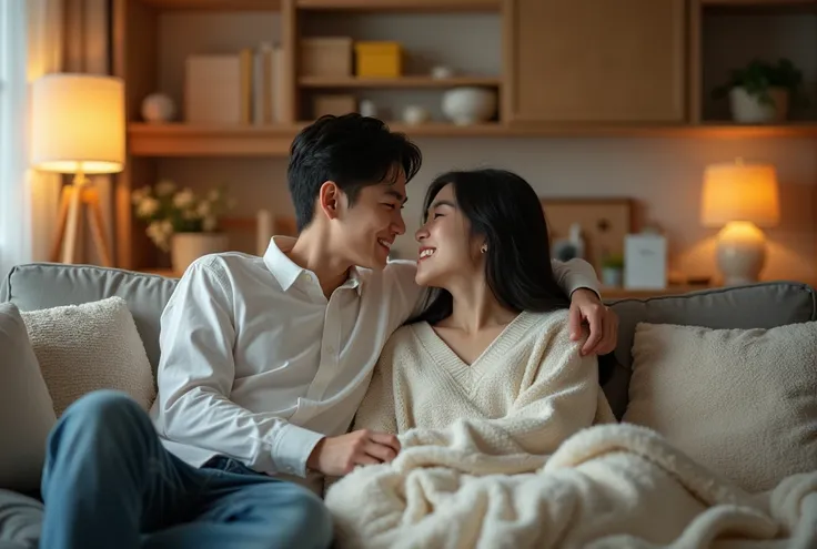 A realistic photo of a young Japanese couple in love, sitting closely together on a cozy sofa in a modern living room. The man has his arm around the woman’s shoulders, and they are both smiling warmly as they gaze into each other’s eyes. The woman leans g...