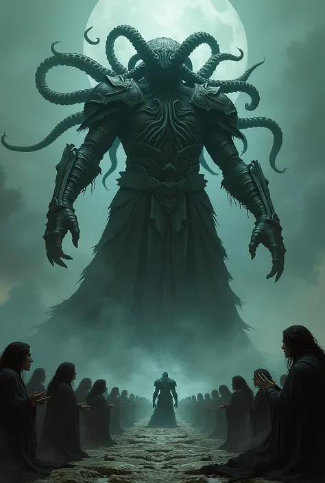 Cthulhu in armor ,  in the style of a dark icon like a mosaic , levets over zkmley ,  with spena many tentacles ,  in the foreground to be worshipped by people on their knees,  