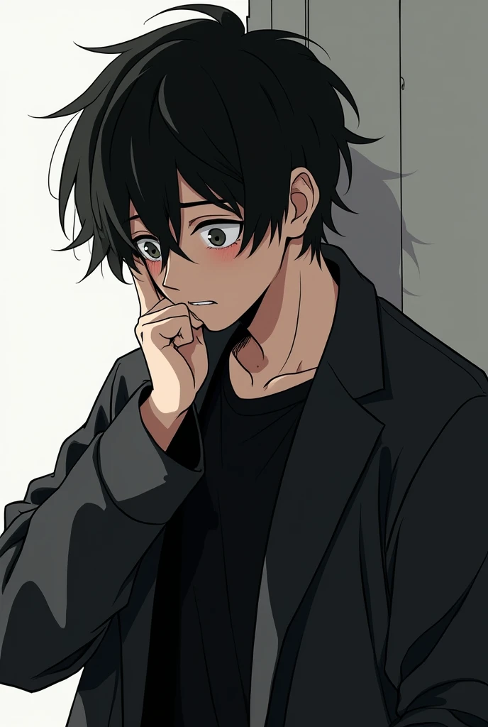  anime style .  An 18-year-old boy , I was wearing an open black overcoat , with a black shirt inside. He was crying,  trying to wipe away tears with the sleeve of the overcoat.