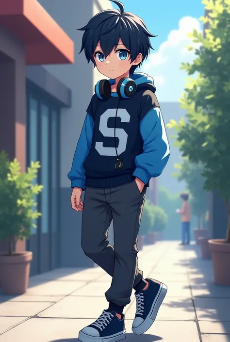 Create a  young boy in anime style， is a blue black sweater with the words S printed on it、Dark Grey Trousers and Sneakers。 Headphones hanging on his neck 。 His hair is black with a hint of blue ，Eyes are blue。