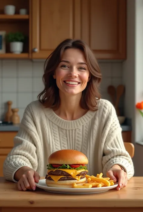 35-year-old woman sitting in the kitchen at home eating hamburgers and French fries
