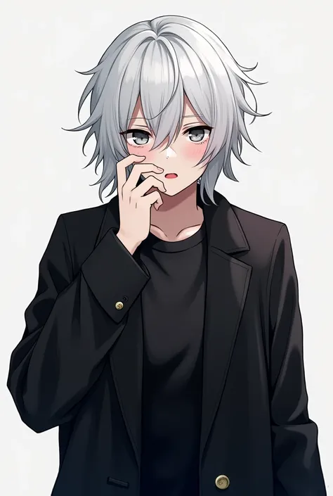  anime style .  An 18-year-old boy , I was wearing an open black overcoat , with a black shirt inside,  white hair and gray eyes. He was crying,  trying to dry the tears  ( that were visible on her face ) with the sleeve of her overcoat .