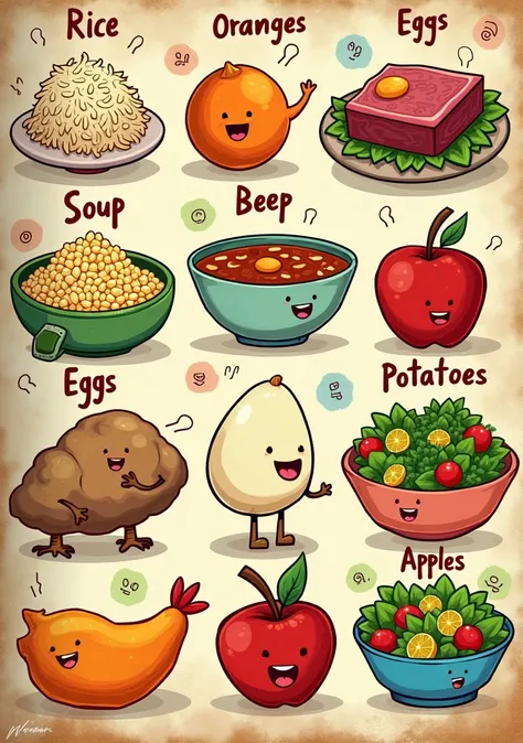 create a picture with 8 images of  food, rice, beans, soup, beef, eggs, orange, potato, apple, salad, chicken with the name on top of this food, this sheet is a page of a book for adhd ren