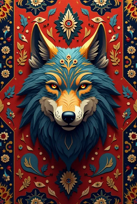 “Create an image of a carpet in Armenian style with intricate traditional patterns and vibrant colors. In the center of the carpet, depict the head of a wolf, designed in the same intricate style as the carpet itself, with the wolf’s features made up of ge...