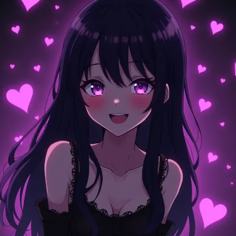  A girl smiling playfully in a yandere style and gothic black dress.  long, slightly wavy black hair with long, open bangs , purple eyes that shine with a deep purple shade .  The background is a dark purple shade , , which creates a dark and yandere atmos...