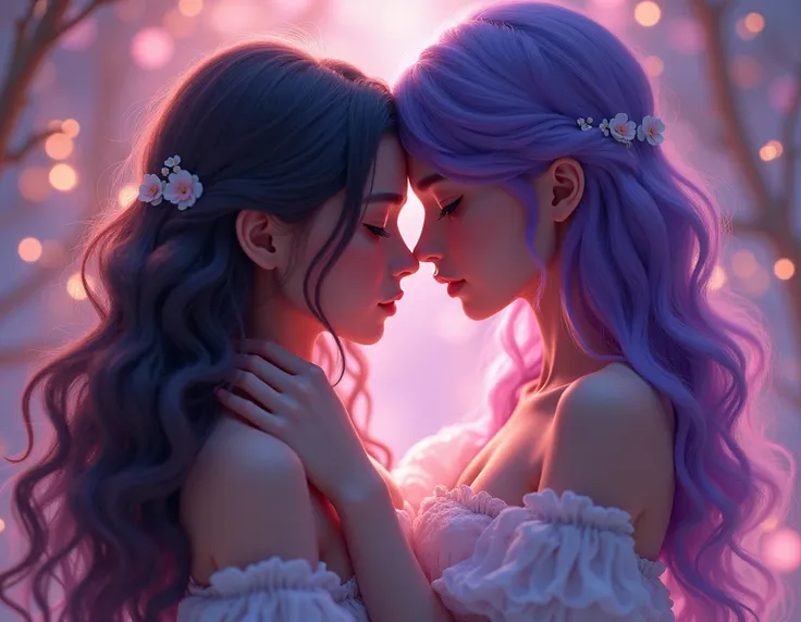 A beautiful girl with long, flowing hair embracing another girl with violet hair, detailed facial features, high-quality, realistic, cinematic lighting, fantasy, magical, dreamlike atmosphere, vibrant colors, intricate details, (best quality,4k,8k,highres,...