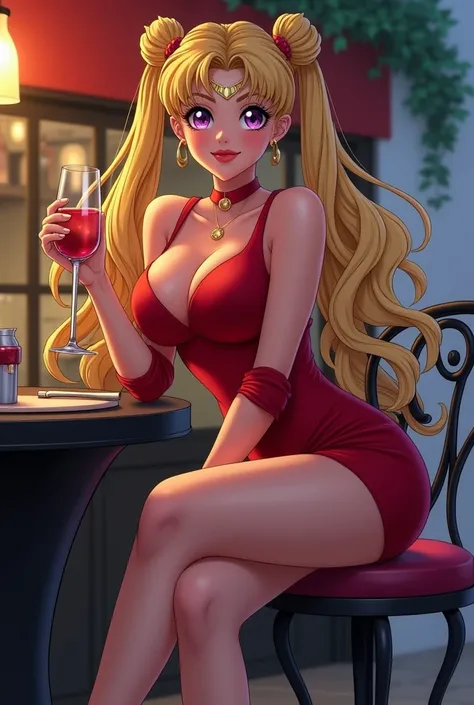   Naoko Takeuchi style  ,   Sailor Moon 1 adult woman, blonde two pigtails ,  Big Tits,  curvy body (huge breast),  Red dress  , (:1.5),   Curvy body  ,  sitting with her legs crossed very sexy ,  red heels , red lips on the terrace of a bar , Having a gla...