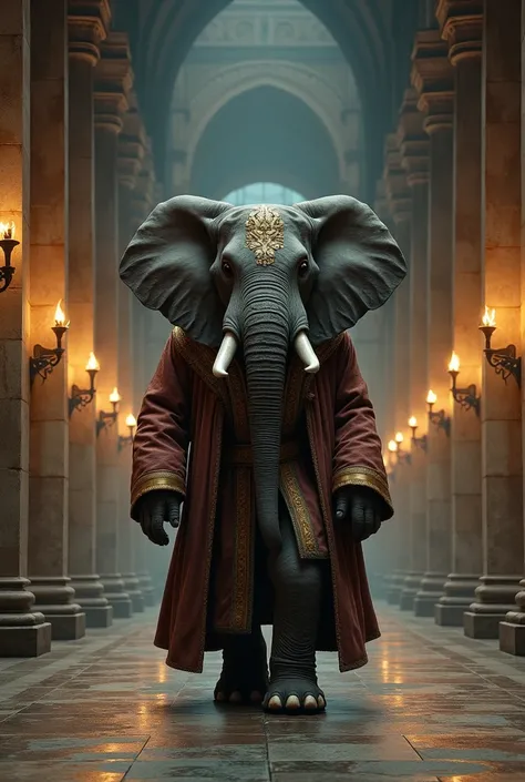  full body photo of an anthropomorphic African elephant,  he is walking in a medieval temple illuminated by torches , Your clothes are long and extravagant  