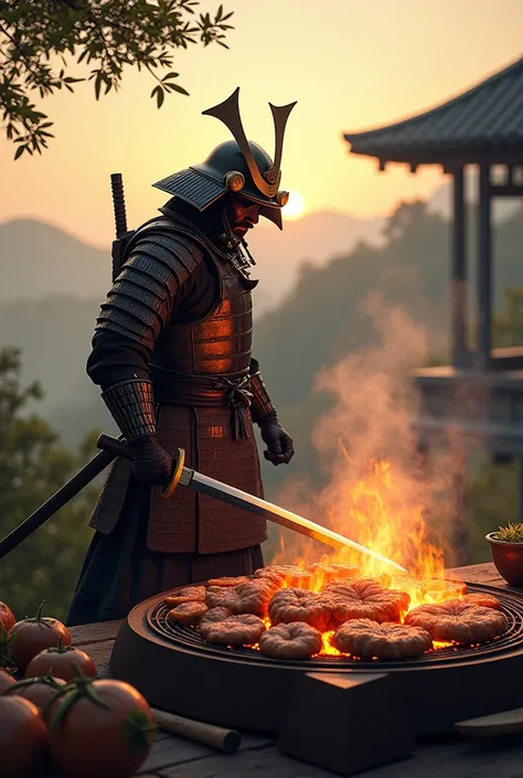 Samurai cooking barbecue 