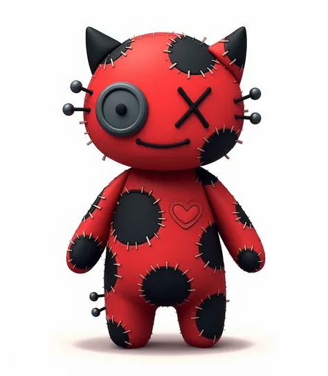 A small, stylized, stitched-together creature, reminiscent of a rag doll or a cartoon character. The creature is predominantly red, with black patches and stitching.  It has a simple face with a large, gray button eye and a black "X" design over one eye.  ...