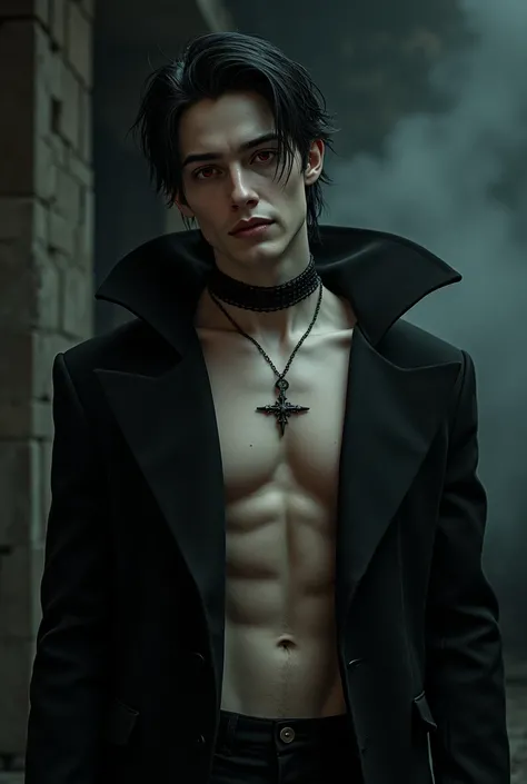 high quality photorealistic image of a man with noir hair and rouge eyes wearing a choke, vampire androgyne, vampire mâle, vampire mâle evil devious male, handsome vampire mâle, ((rouge)) yeux bouffis, rouge eyes wearing goth makeup, noir ((noir)) avec des...